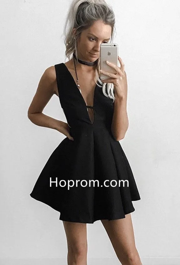 Strapless Short Sexy Homecoming Dress, Black Deep V Neck Homecoming Dress