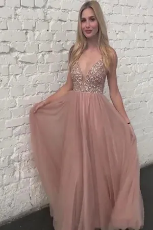 Stunning Tulle Rose Sexy Prom Dresses Backless Evening Formal Dress