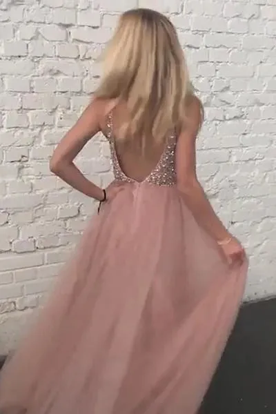 Stunning Tulle Rose Sexy Prom Dresses Backless Evening Formal Dress