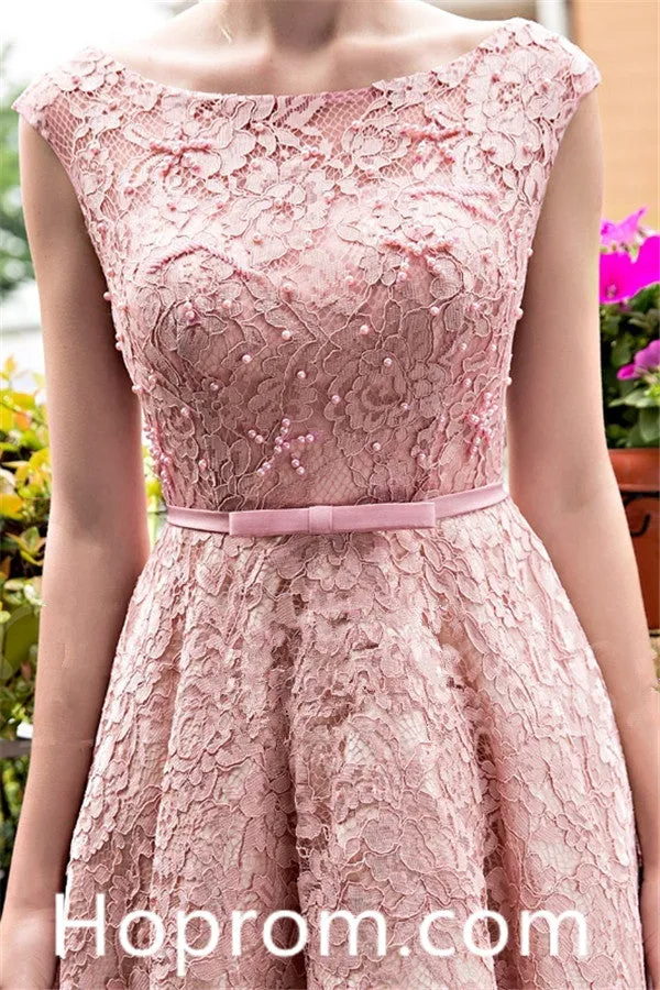 Sweet Long Homecoming Dress, Pink Lace Bowknot Homecoming Dress