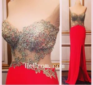 Sweetheart Red Prom Dresses,Slit Prom Dress,Evening Dress