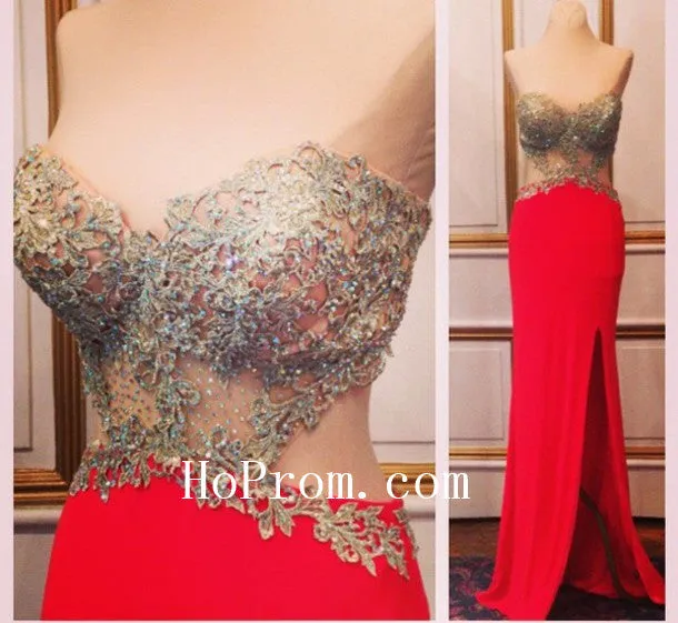 Sweetheart Red Prom Dresses,Slit Prom Dress,Evening Dress
