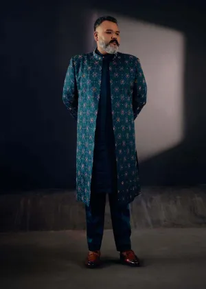 Teal Green Open Sherwani Set