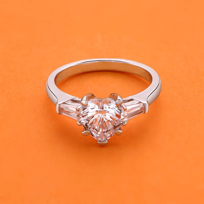 Three Stone Heart Shaped Moissanite Diamond Ring