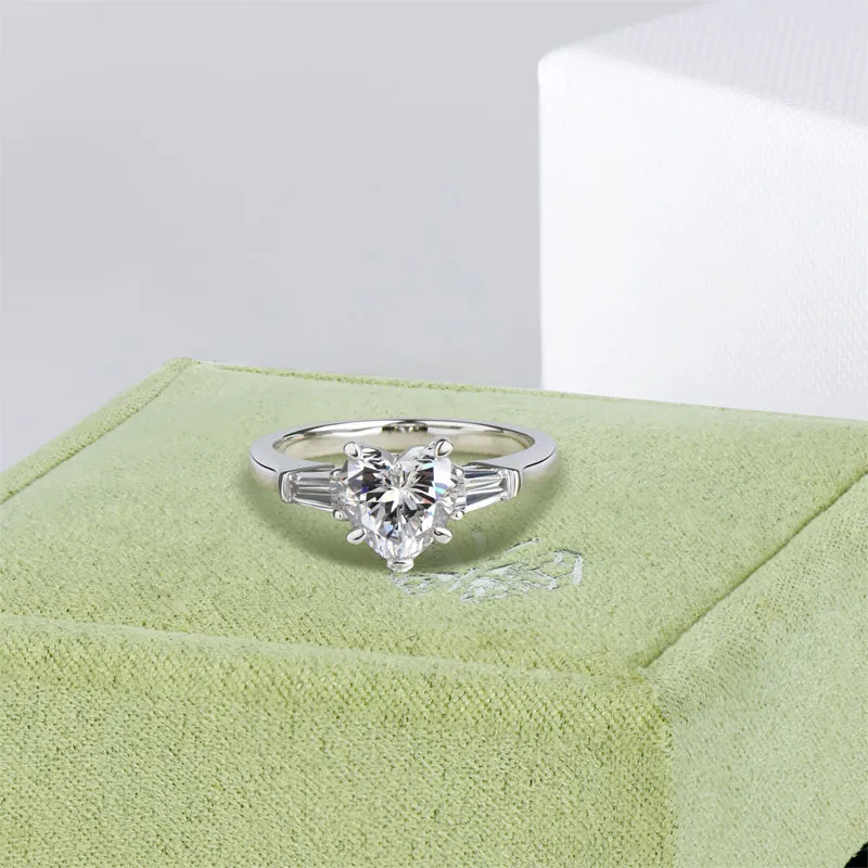 Three Stone Heart Shaped Moissanite Diamond Ring