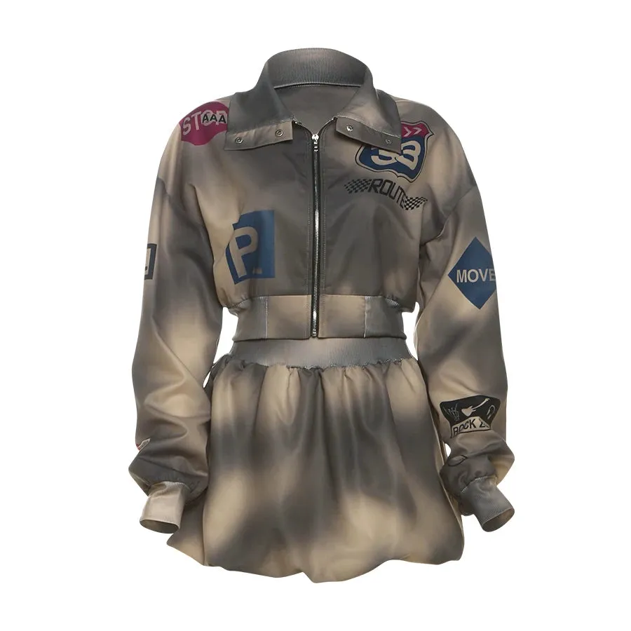 Tie-Dye Letter Print Tracksuit – 2-Piece Zip Jacket & Puffy Skirt Matching Set
