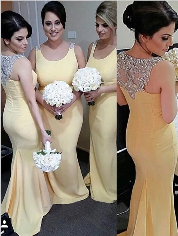 Trumpet Scoop Round Neck Satin Bridesmaid Dresses Floor Length With Beading