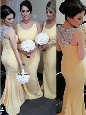Trumpet Scoop Round Neck Satin Bridesmaid Dresses Floor Length With Beading