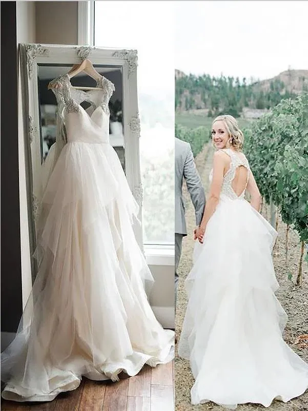 Tulle Princess Straps Wedding Dresses,Backless Brush Train Wedding Dresses