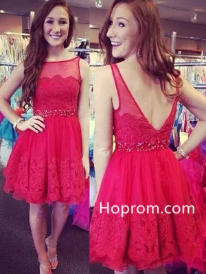 Tulle with Applique Short Mini Lace Scoop Neck Open Back Red Homecoming  Dresses