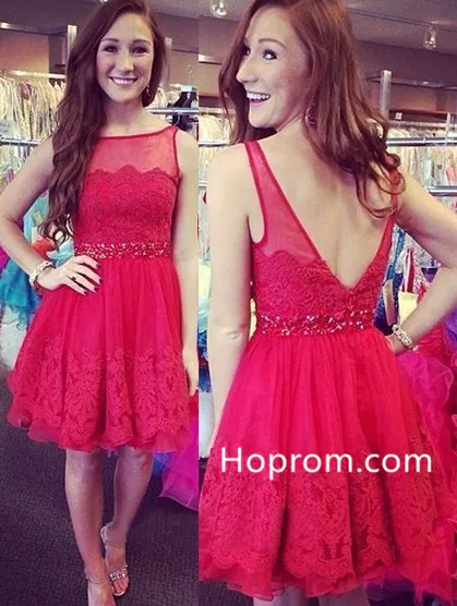 Tulle with Applique Short Mini Lace Scoop Neck Open Back Red Homecoming  Dresses