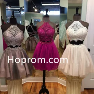 Two Piece Homecoming Dresses, Halter Lace Cute Homecoming Dress