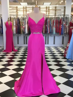 V Neck 2 Pieces Mermaid Lace Satin Fuchsia Prom Dresses with Leg Slit, Pink Mermaid Formal Evening Dresses