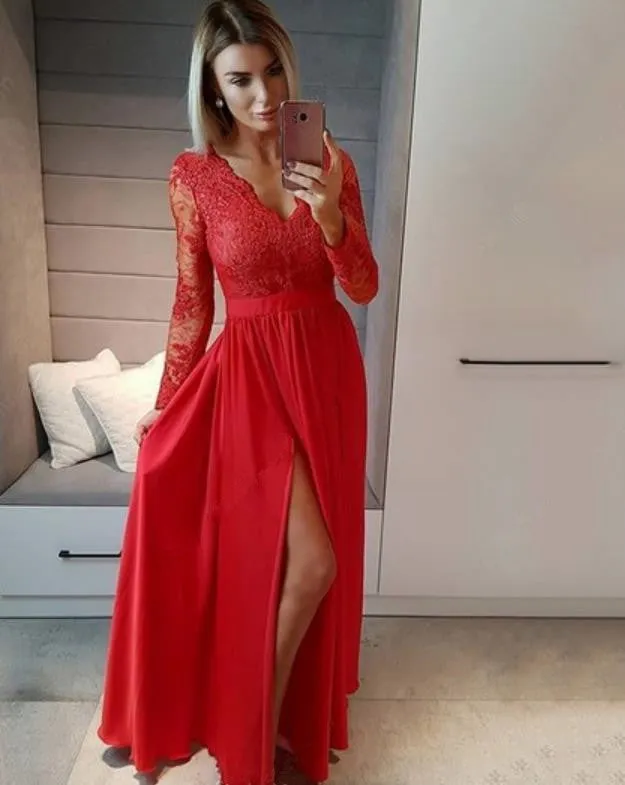 V Neck Floor Length Appliques Lace Red Prom Dresses With Slit Long Sleeves Evening Dresses