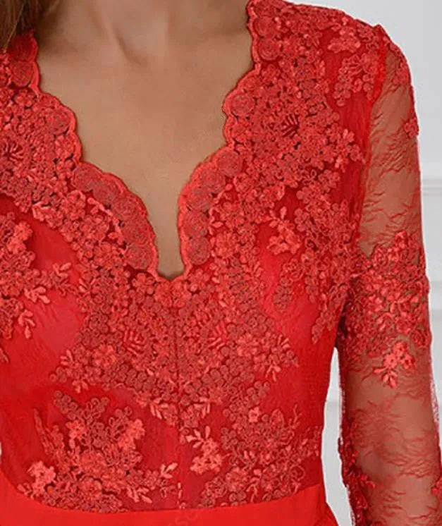 V Neck Floor Length Appliques Lace Red Prom Dresses With Slit Long Sleeves Evening Dresses