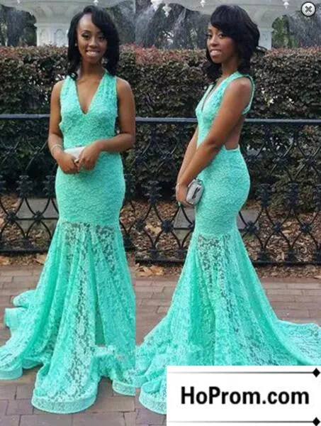V-Neck Lace Floor Length Prom Dresses Evening Dress