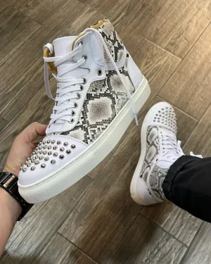 White Leather And Snack Pattern Leather High Top Lace Up Sneakers With White Sole - Sneaker Shoes