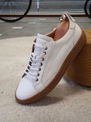 White Leather Low Top Lace Up Sneakers with Brown Sole - Sneaker Shoes