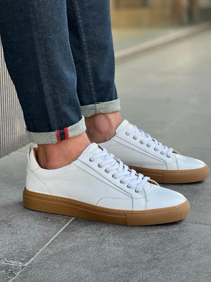 White Leather Low Top Lace Up Sneakers with Brown Sole - Sneaker Shoes