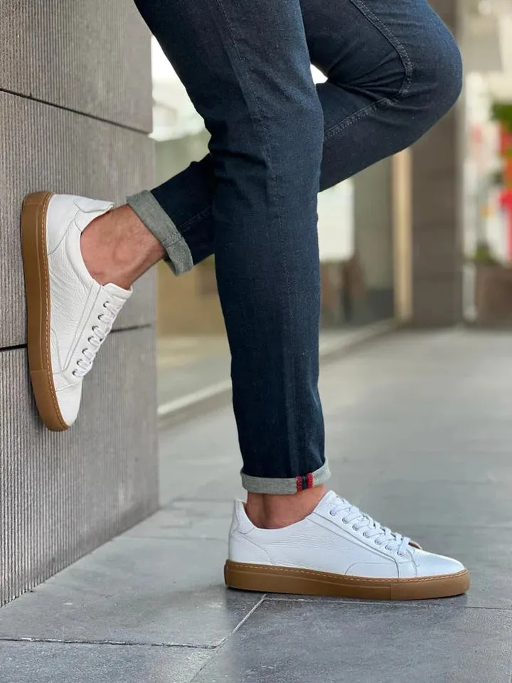 White Leather Low Top Lace Up Sneakers with Brown Sole - Sneaker Shoes