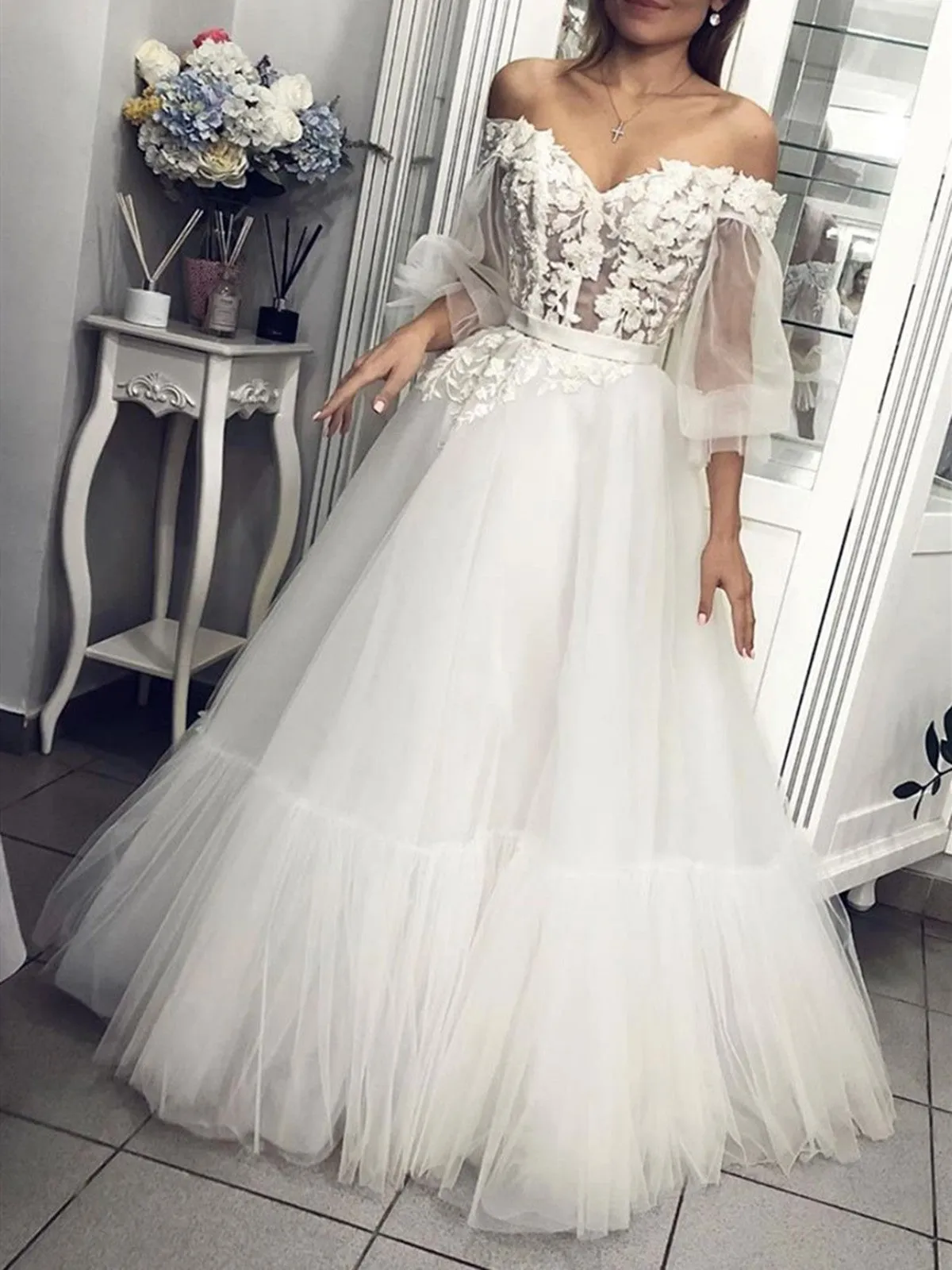 White Tulle Lace Long Prom Dress, White Tulle Lace Long Formal Evening Dress