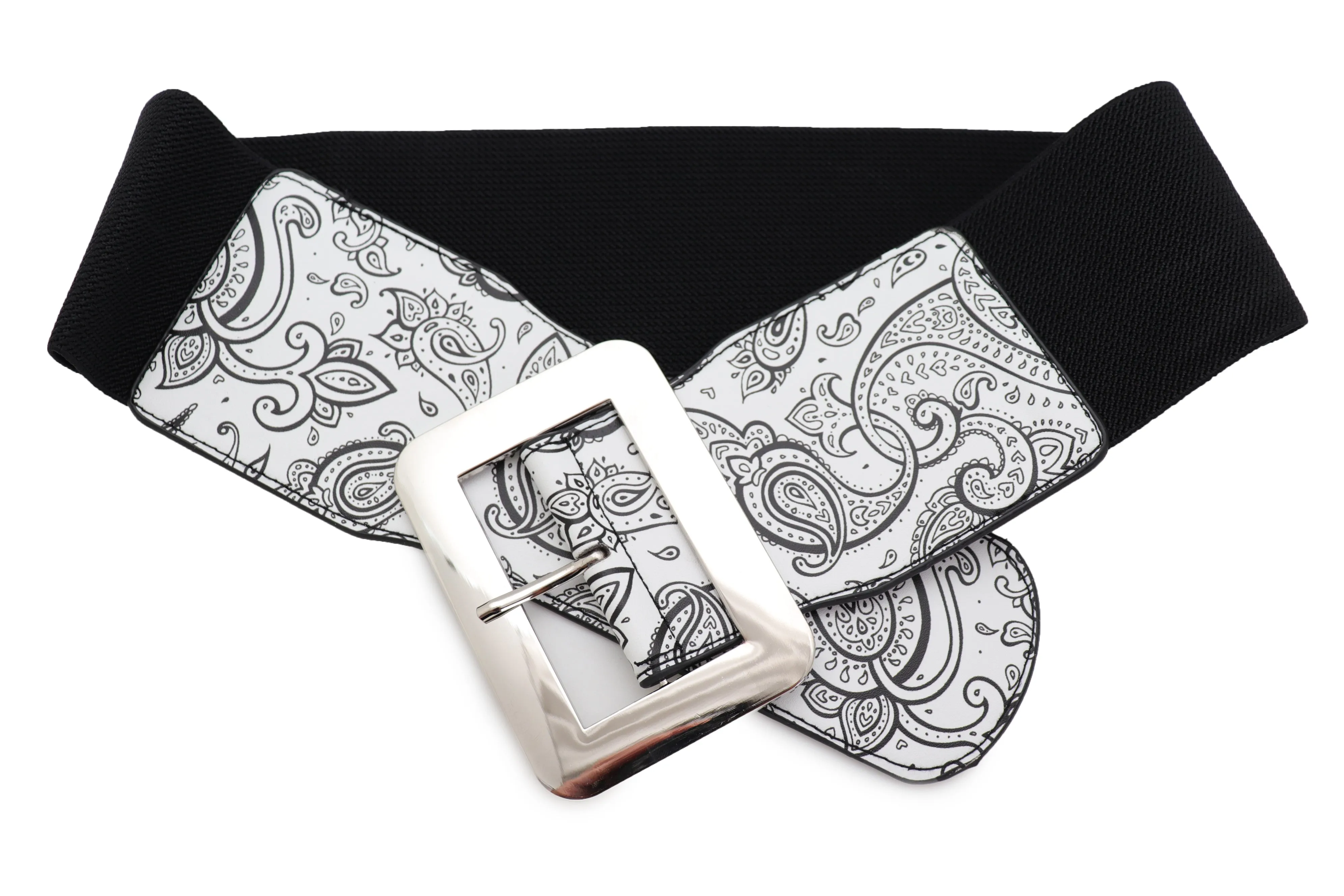 Wide White Elastic High Waist Hip Fashion Belt Black Paisley Print Fit S M