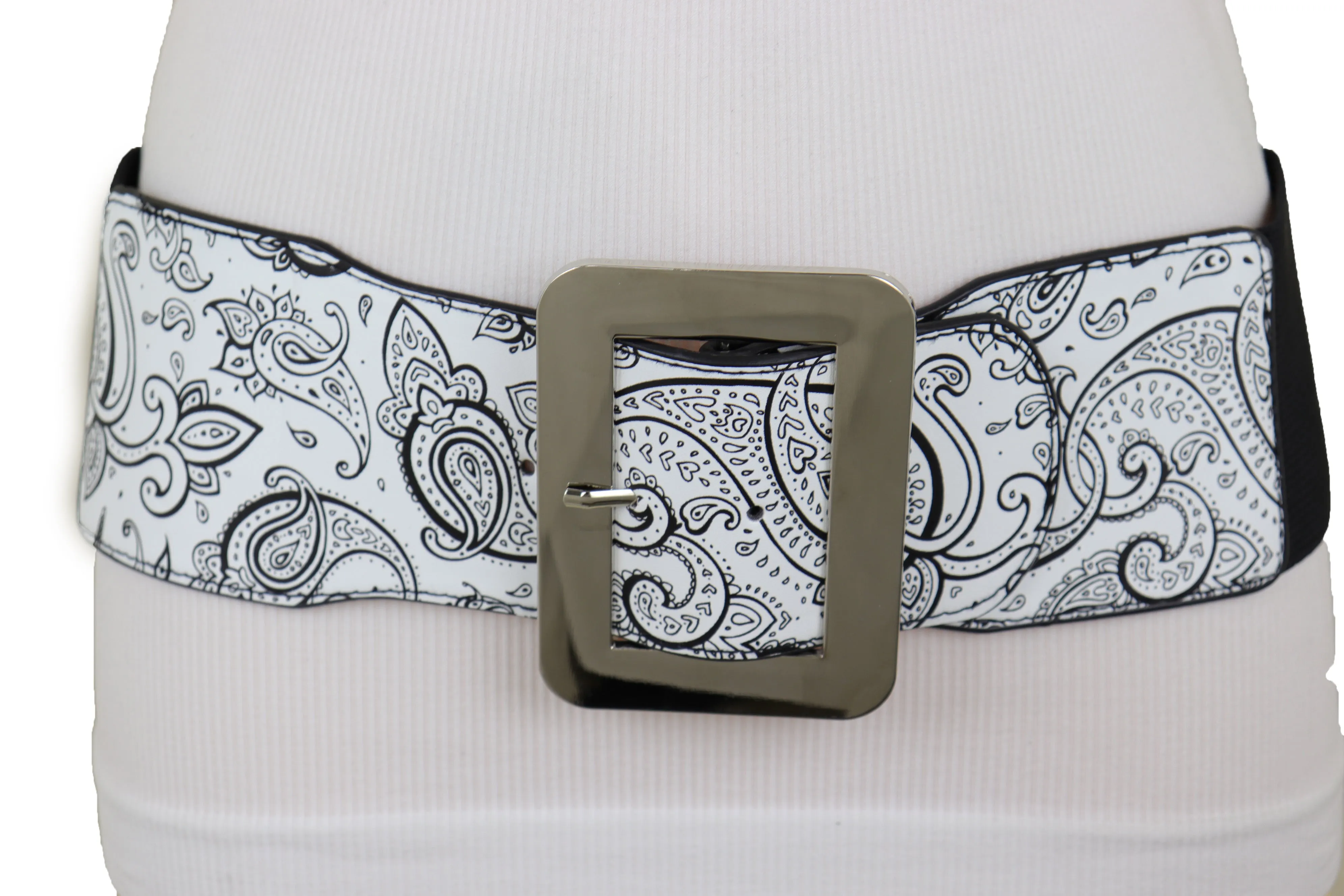 Wide White Elastic High Waist Hip Fashion Belt Black Paisley Print Fit S M