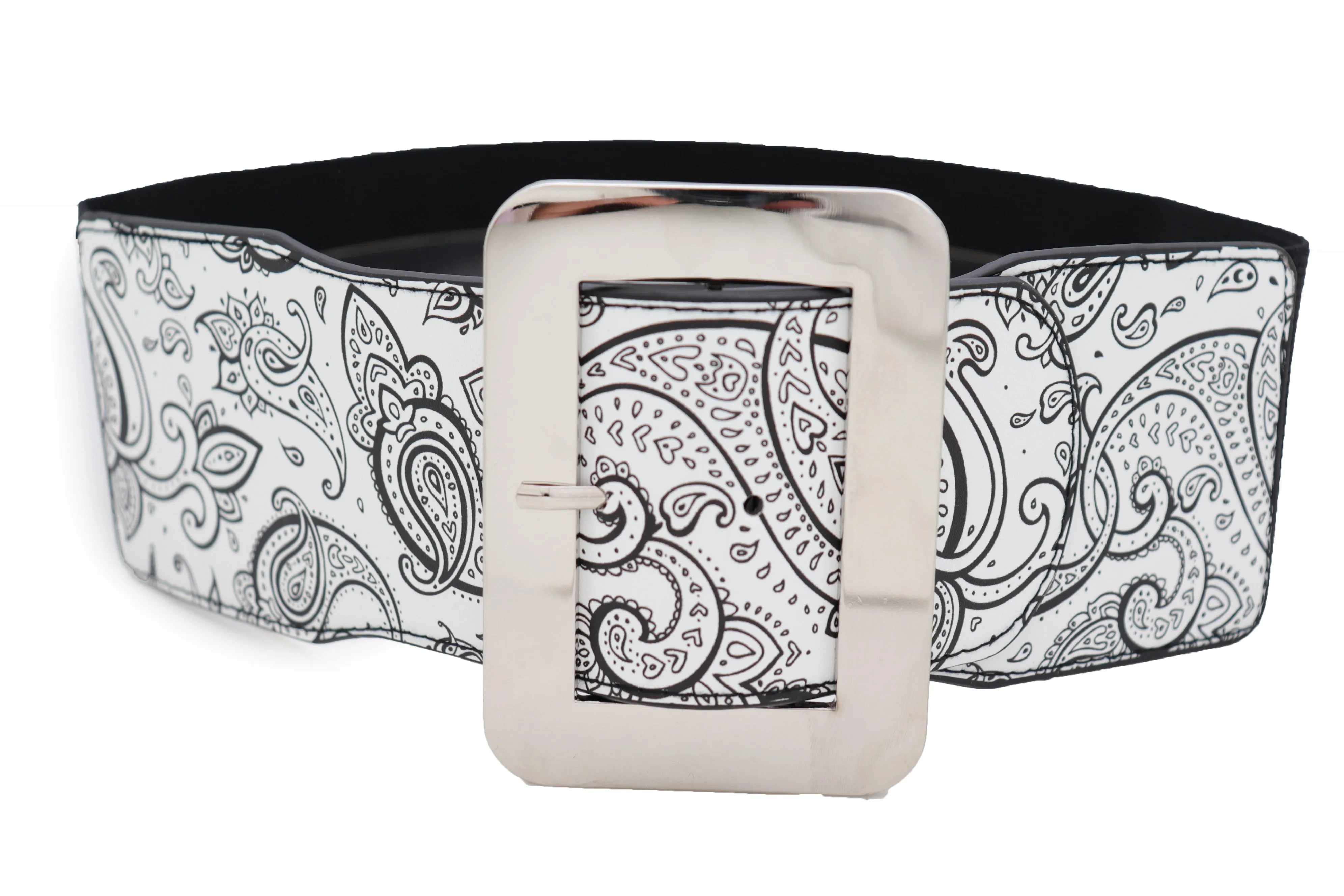 Wide White Elastic High Waist Hip Fashion Belt Black Paisley Print Fit S M
