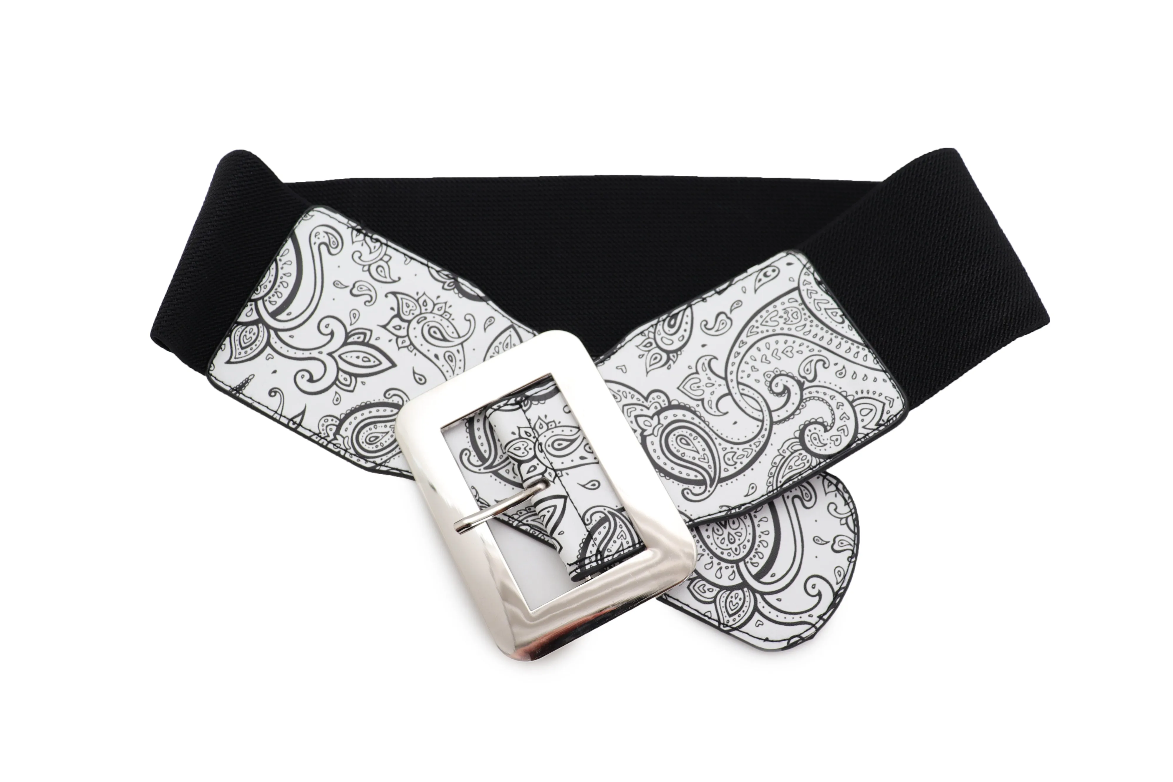 Wide White Elastic High Waist Hip Fashion Belt Black Paisley Print Fit S M