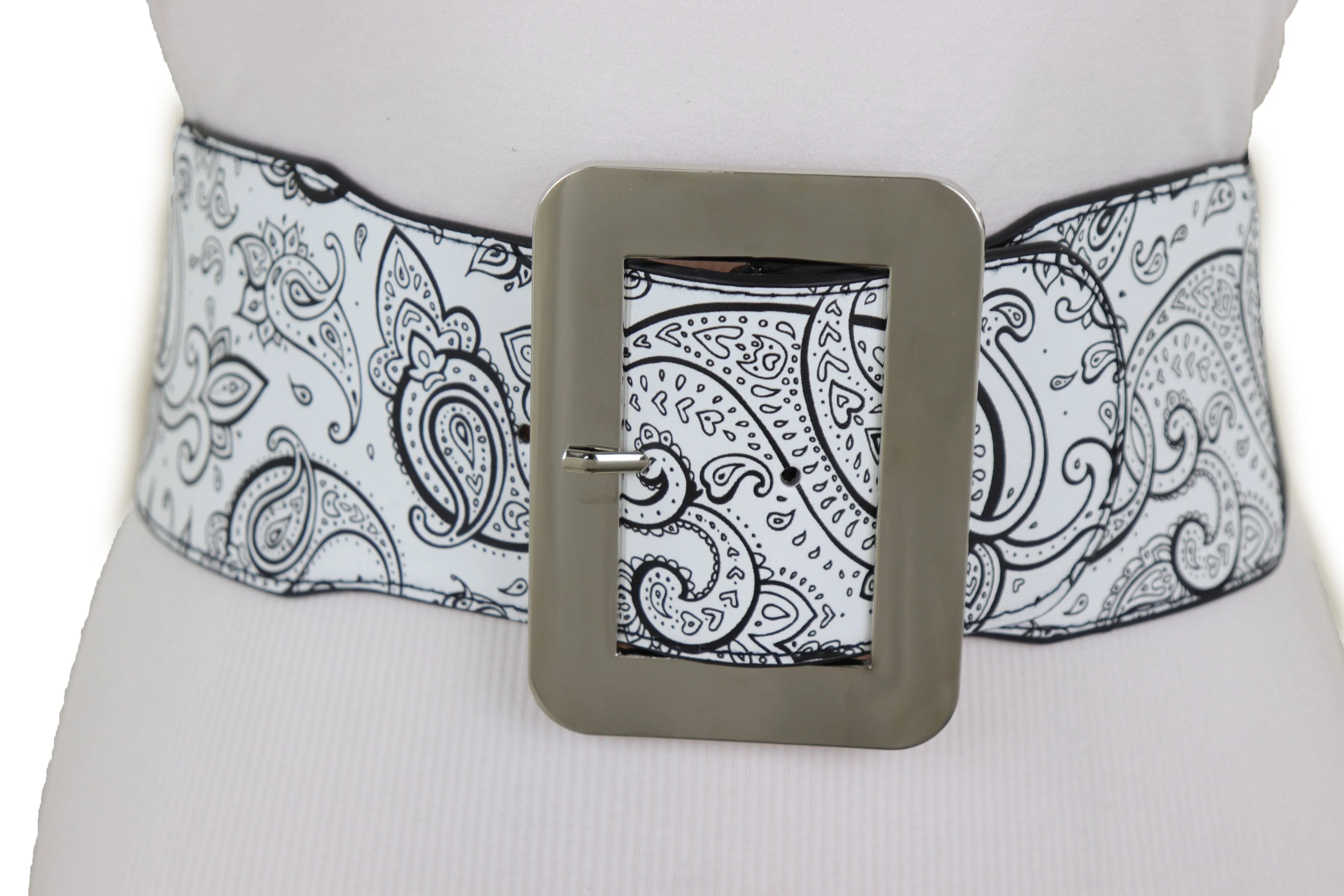 Wide White Elastic High Waist Hip Fashion Belt Black Paisley Print Fit S M