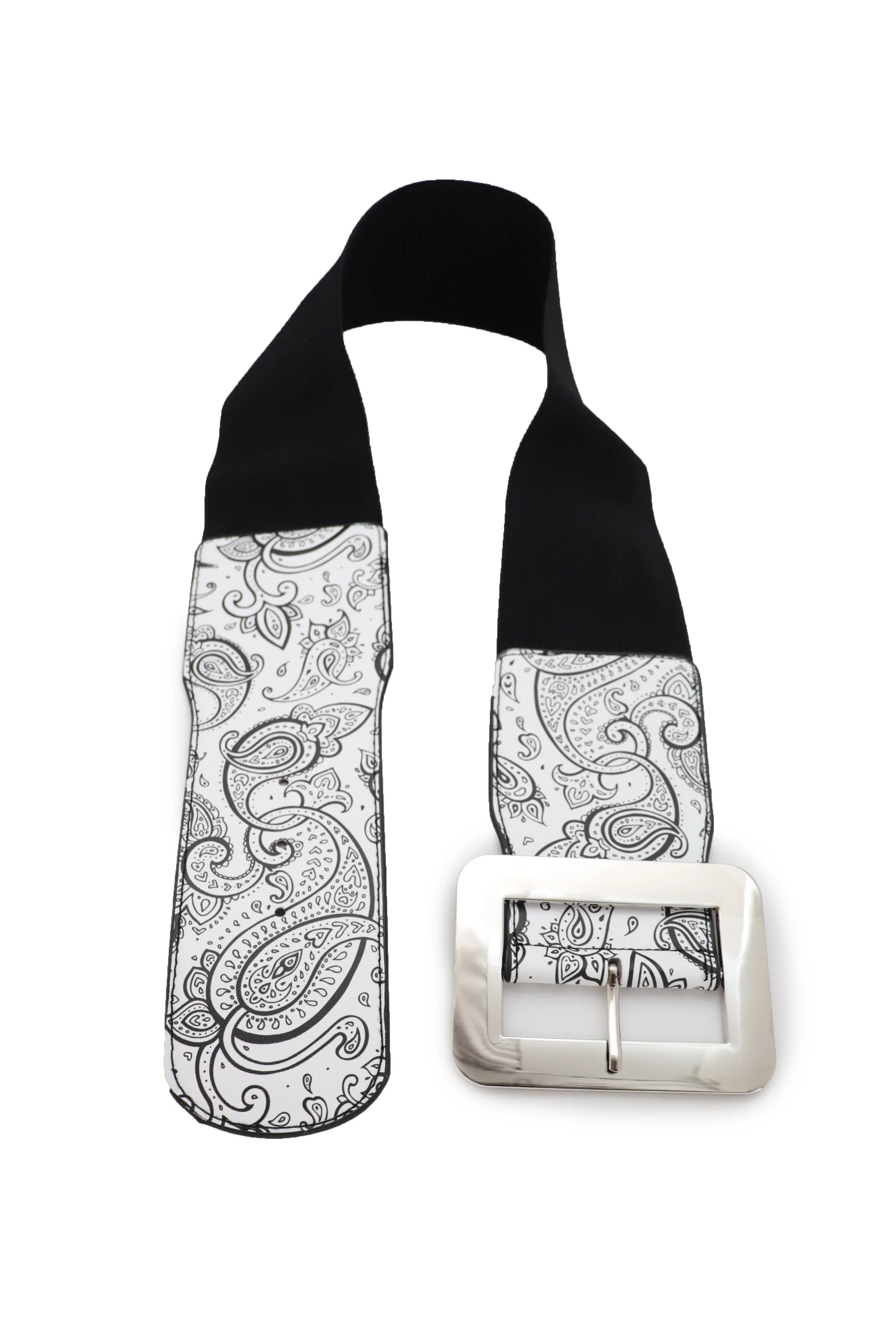 Wide White Elastic High Waist Hip Fashion Belt Black Paisley Print Fit S M