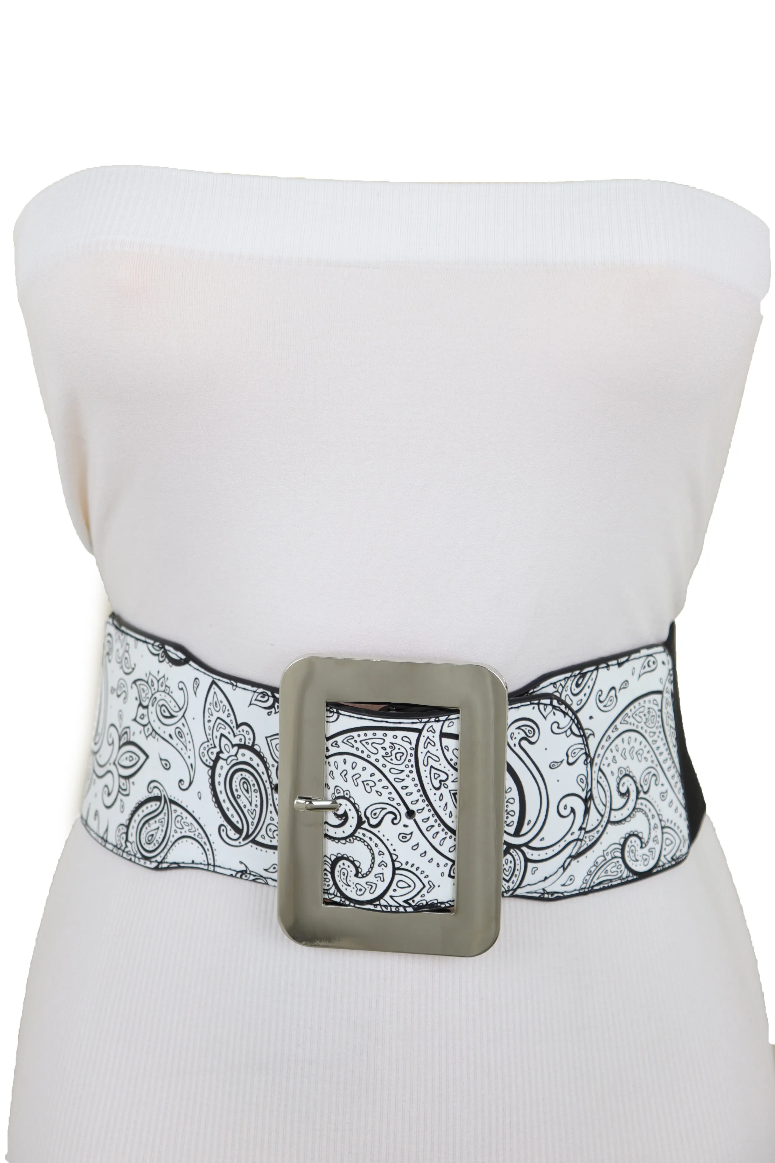 Wide White Elastic High Waist Hip Fashion Belt Black Paisley Print Fit S M