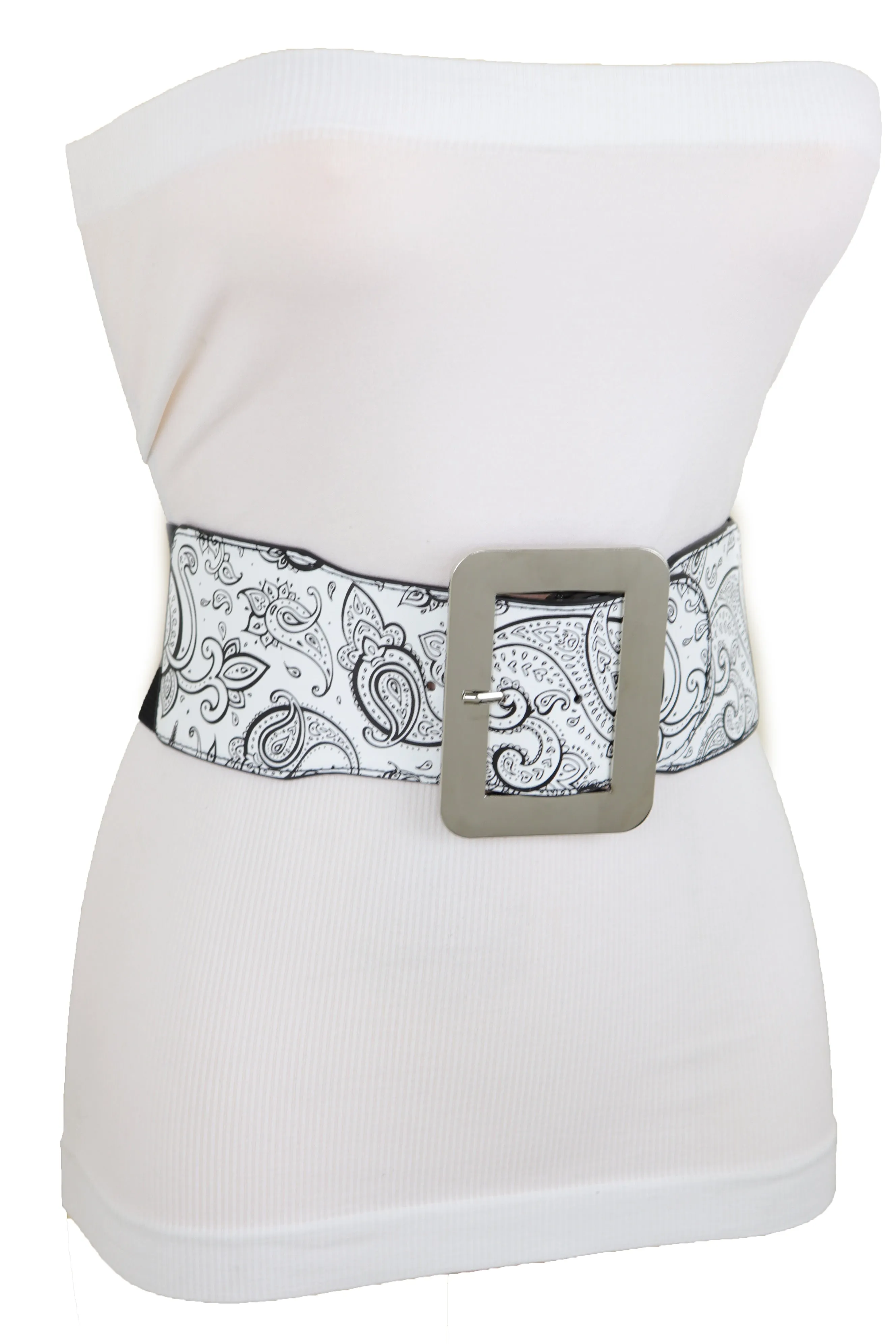 Wide White Elastic High Waist Hip Fashion Belt Black Paisley Print Fit S M
