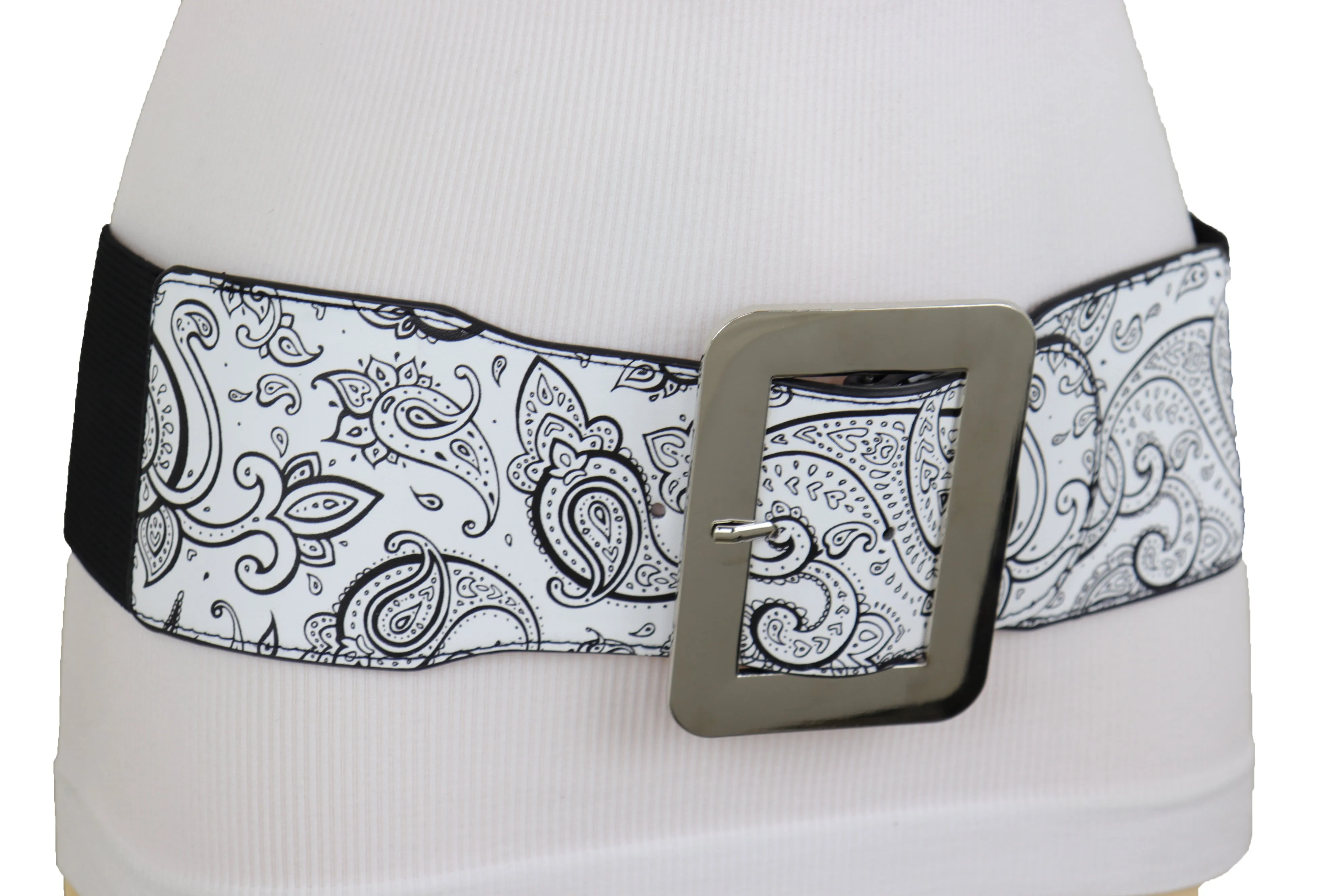 Wide White Elastic High Waist Hip Fashion Belt Black Paisley Print Fit S M