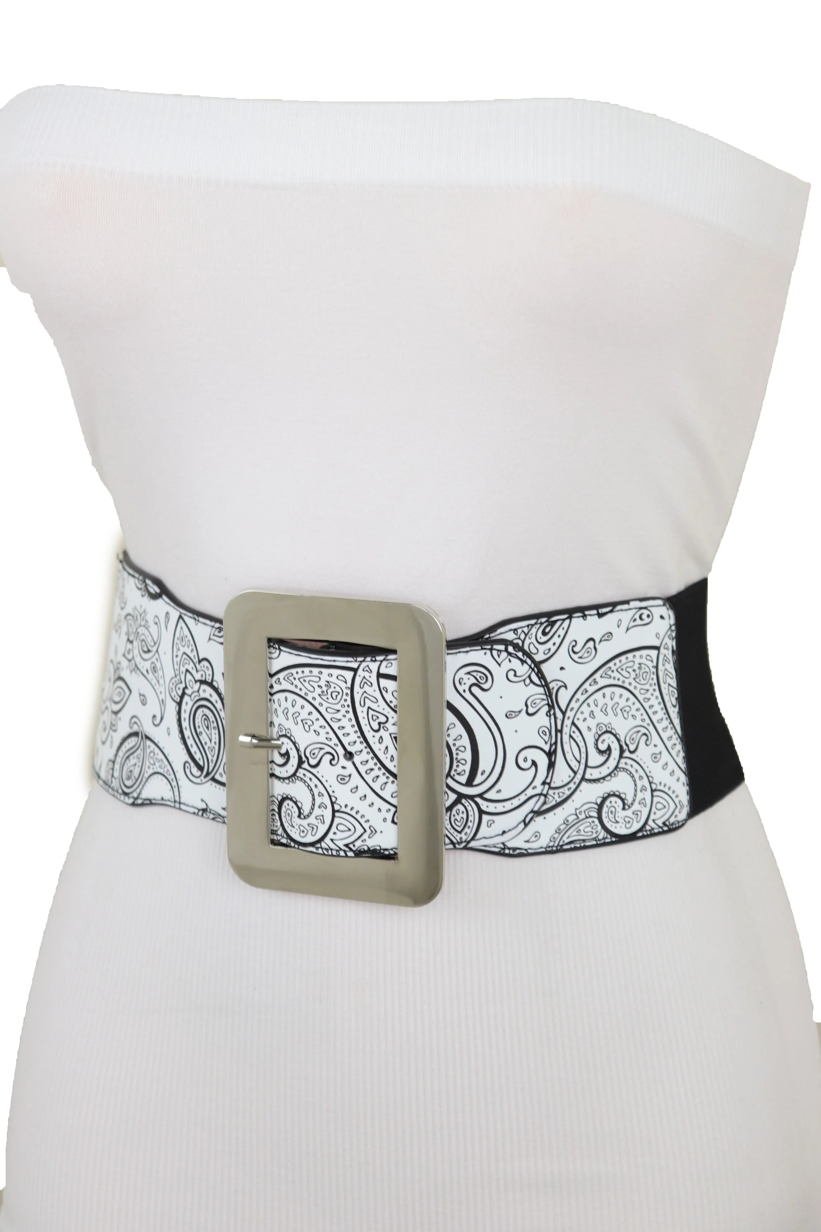 Wide White Elastic High Waist Hip Fashion Belt Black Paisley Print Fit S M