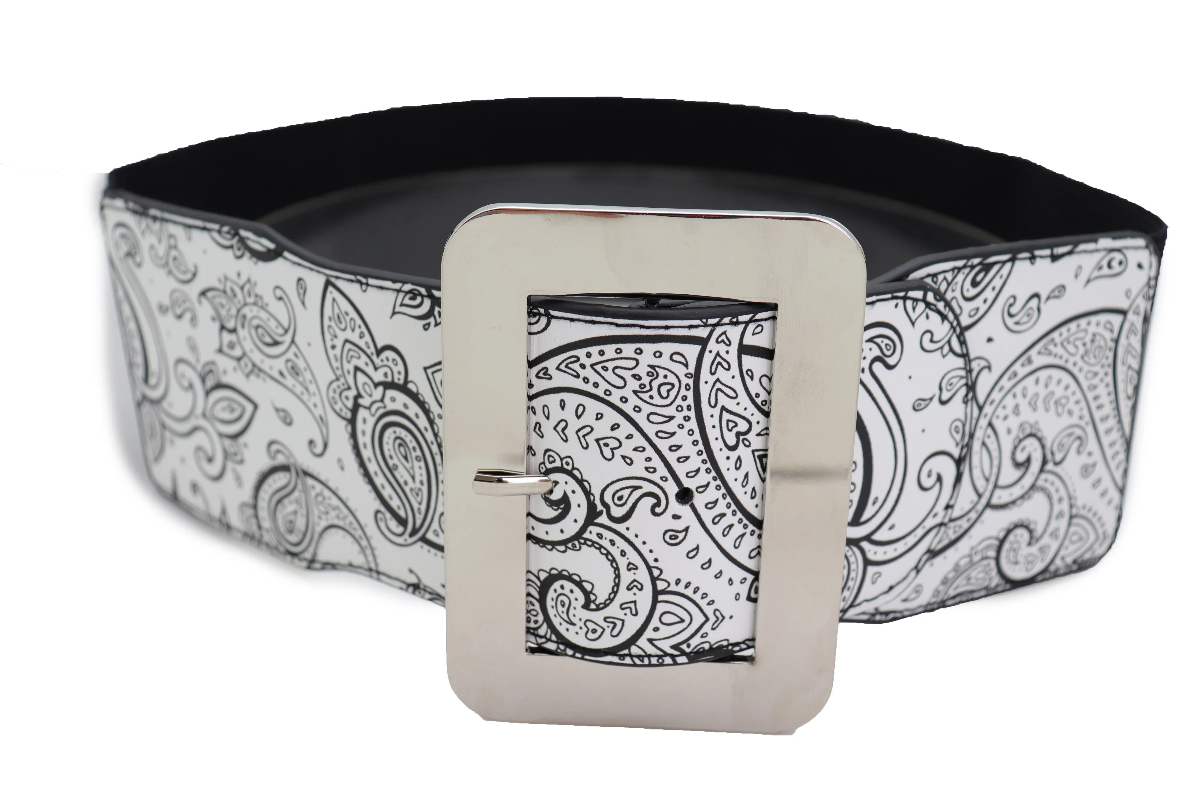 Wide White Elastic High Waist Hip Fashion Belt Black Paisley Print Fit S M