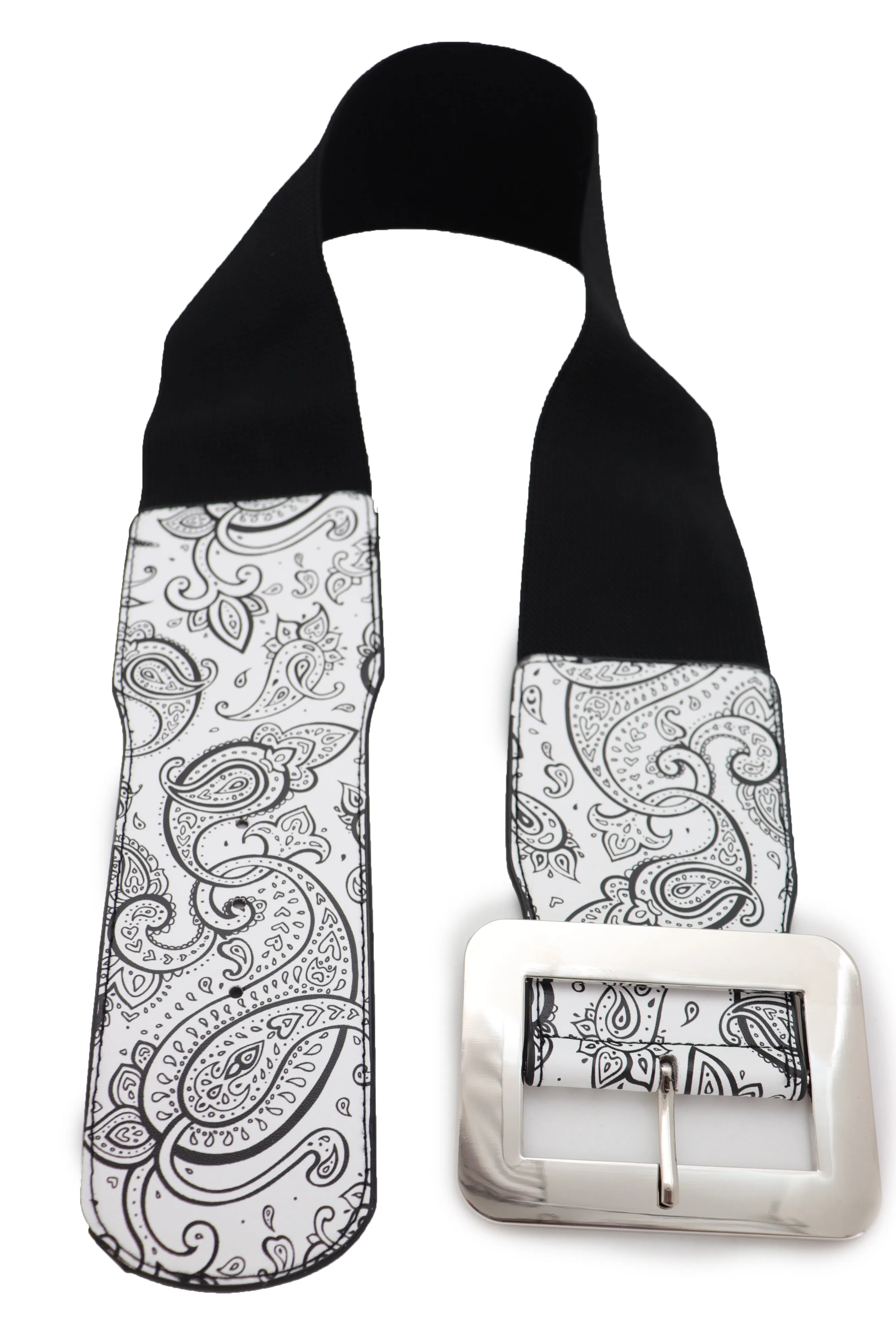 Wide White Elastic High Waist Hip Fashion Belt Black Paisley Print Fit S M