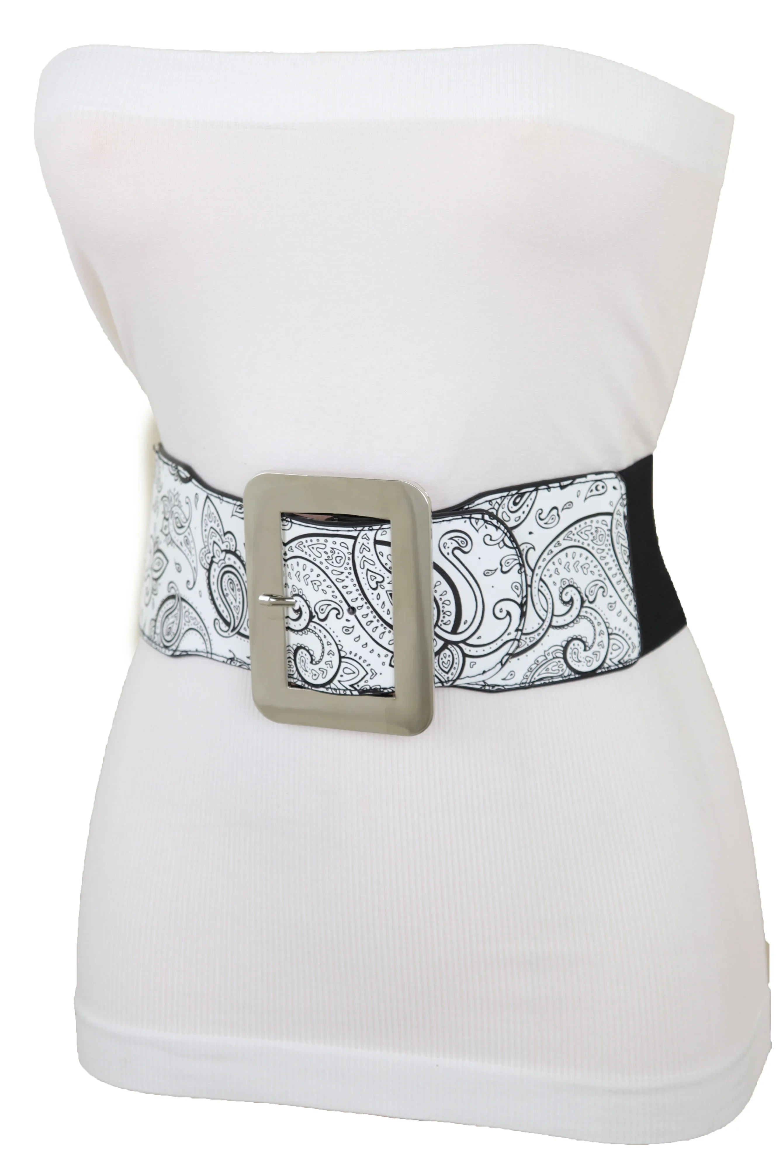 Wide White Elastic High Waist Hip Fashion Belt Black Paisley Print Fit S M