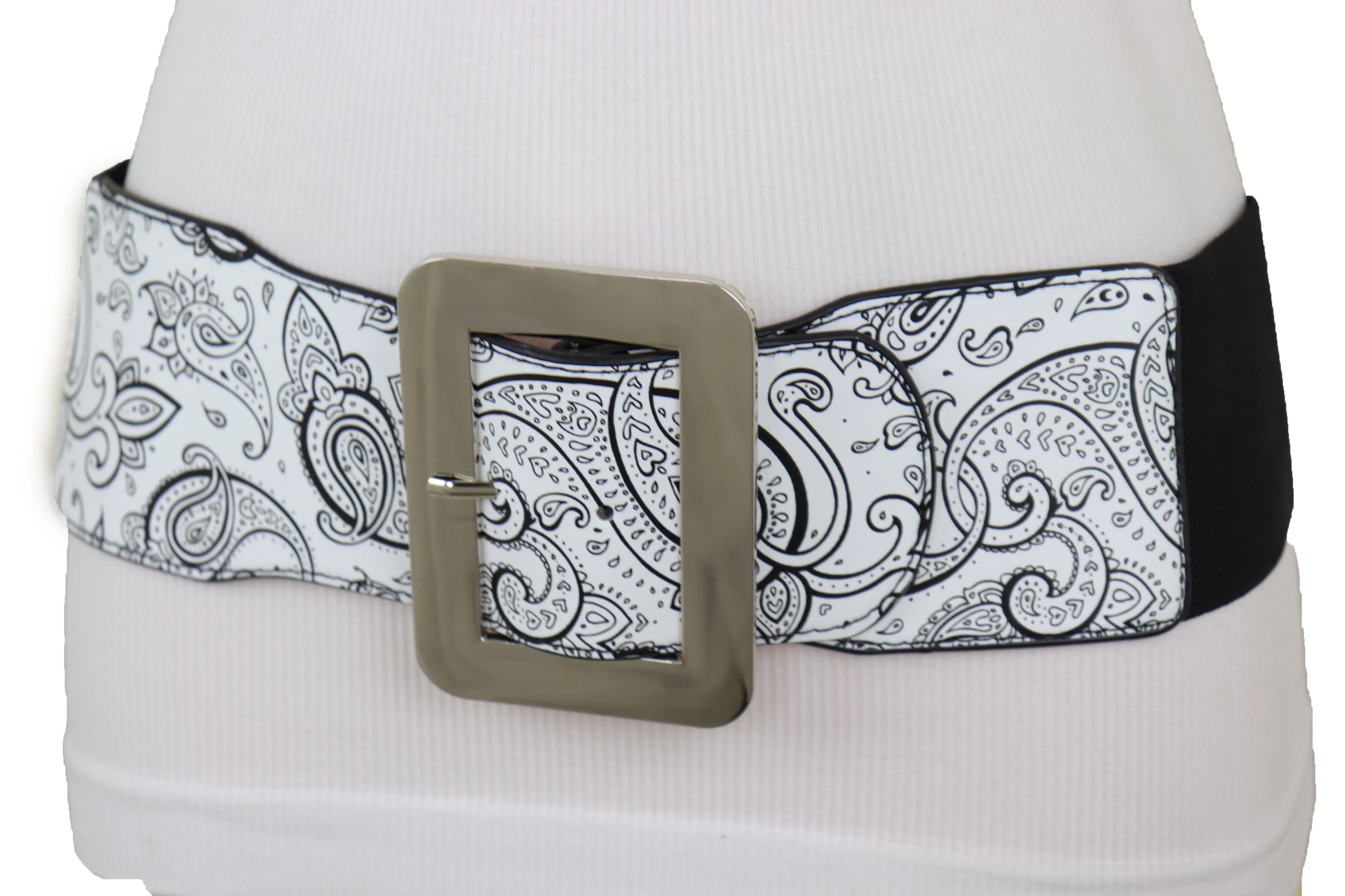 Wide White Elastic High Waist Hip Fashion Belt Black Paisley Print Fit S M