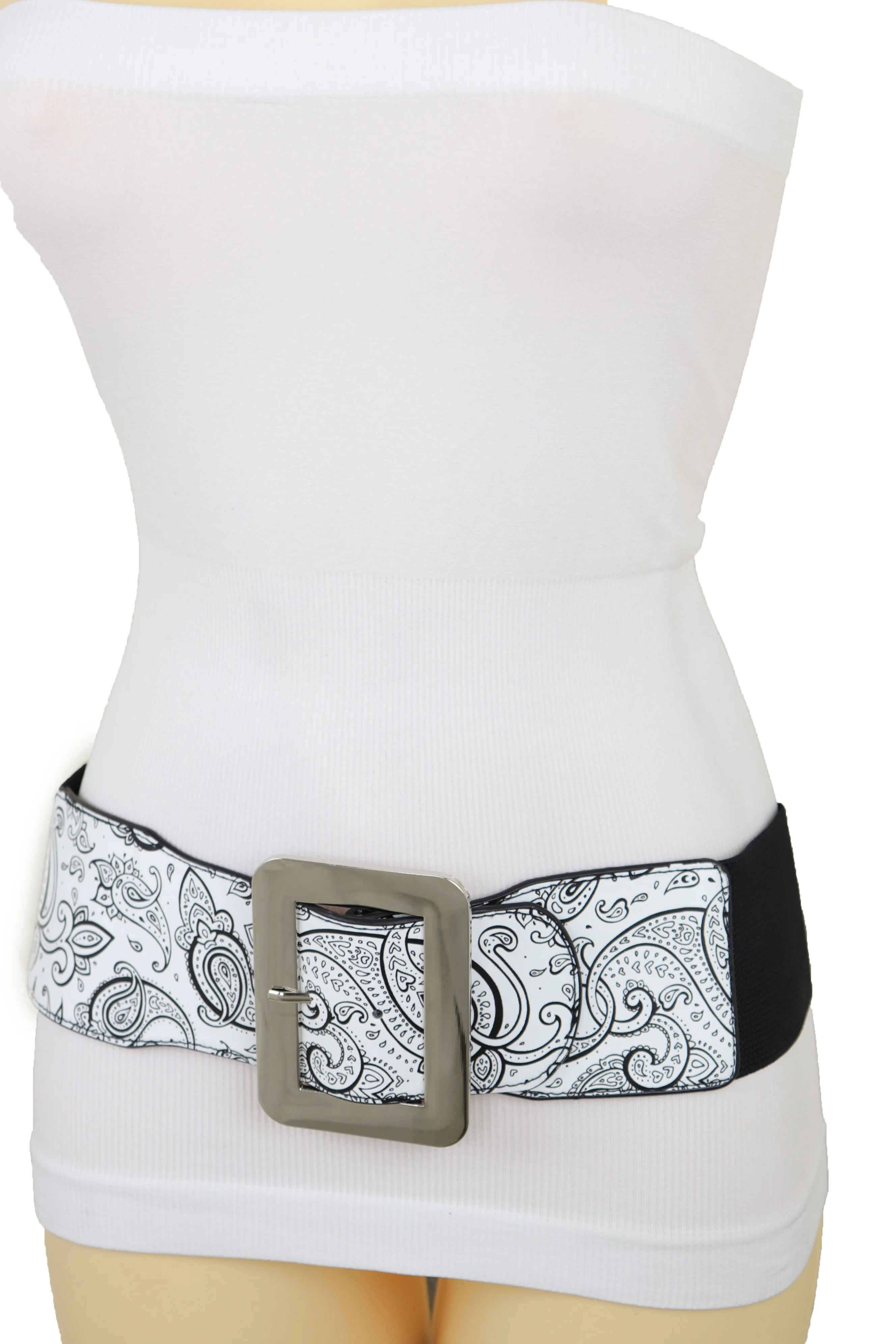 Wide White Elastic High Waist Hip Fashion Belt Black Paisley Print Fit S M