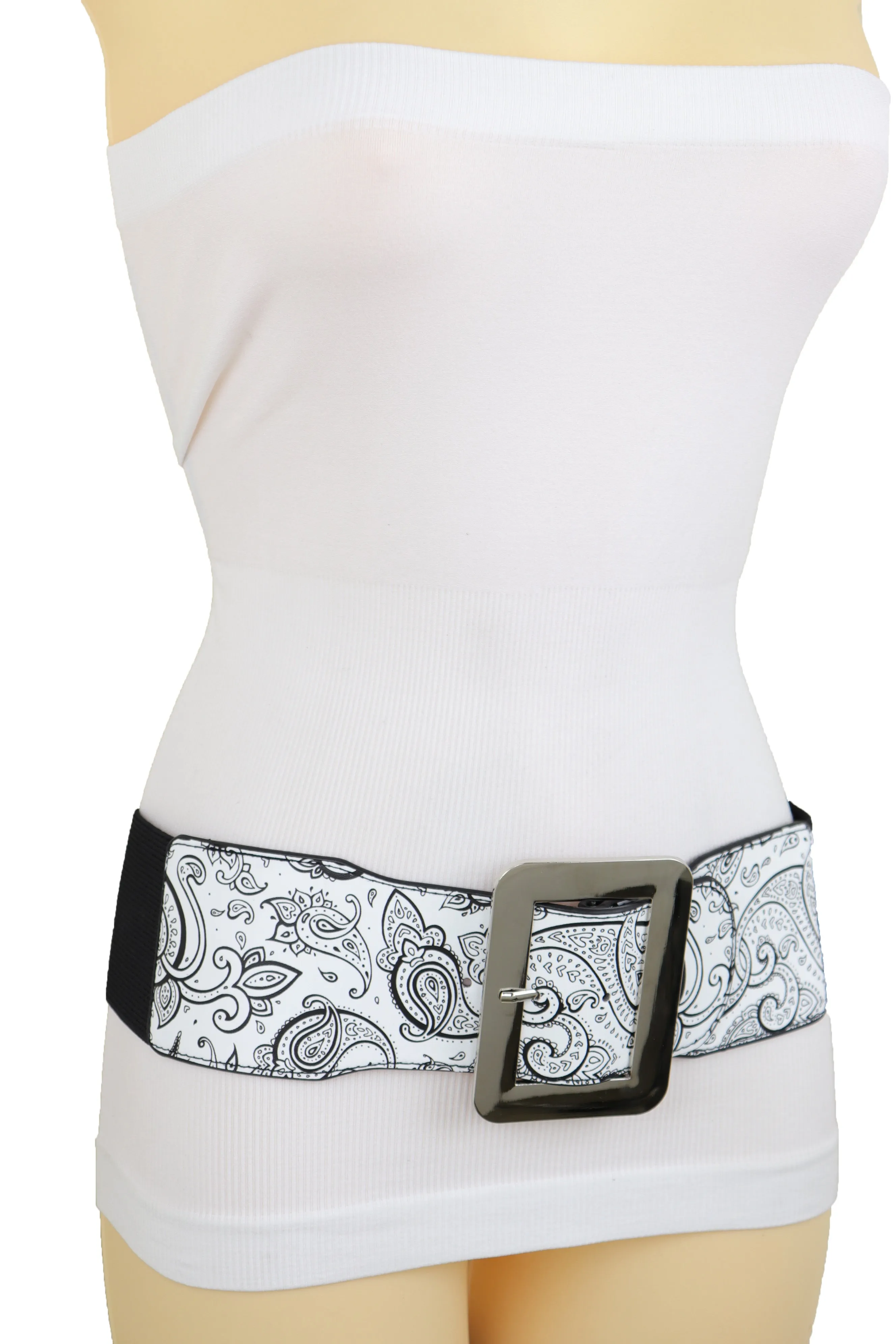 Wide White Elastic High Waist Hip Fashion Belt Black Paisley Print Fit S M