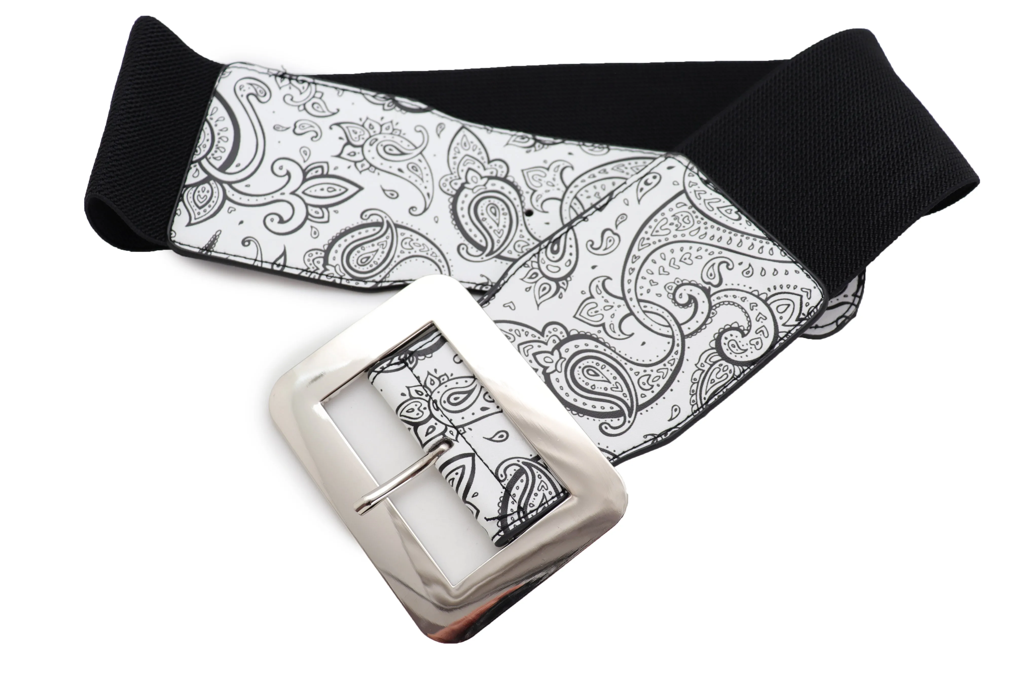 Wide White Elastic High Waist Hip Fashion Belt Black Paisley Print Fit S M