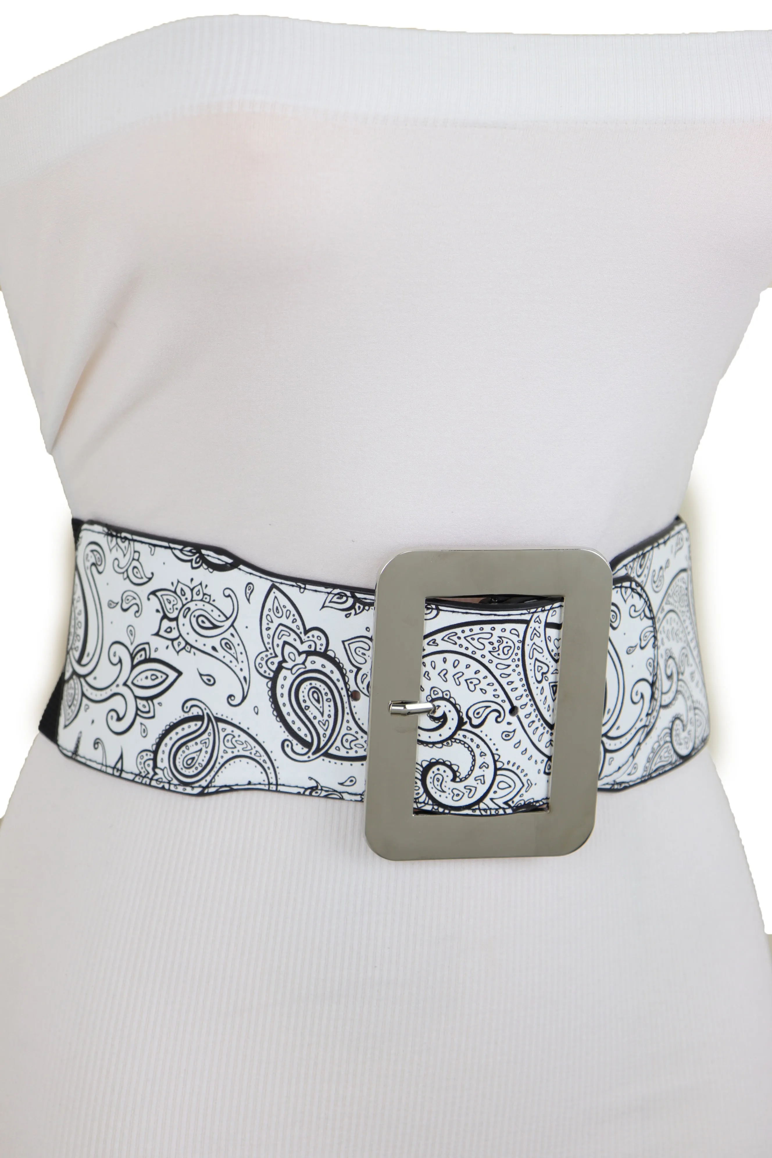 Wide White Elastic High Waist Hip Fashion Belt Black Paisley Print Fit S M