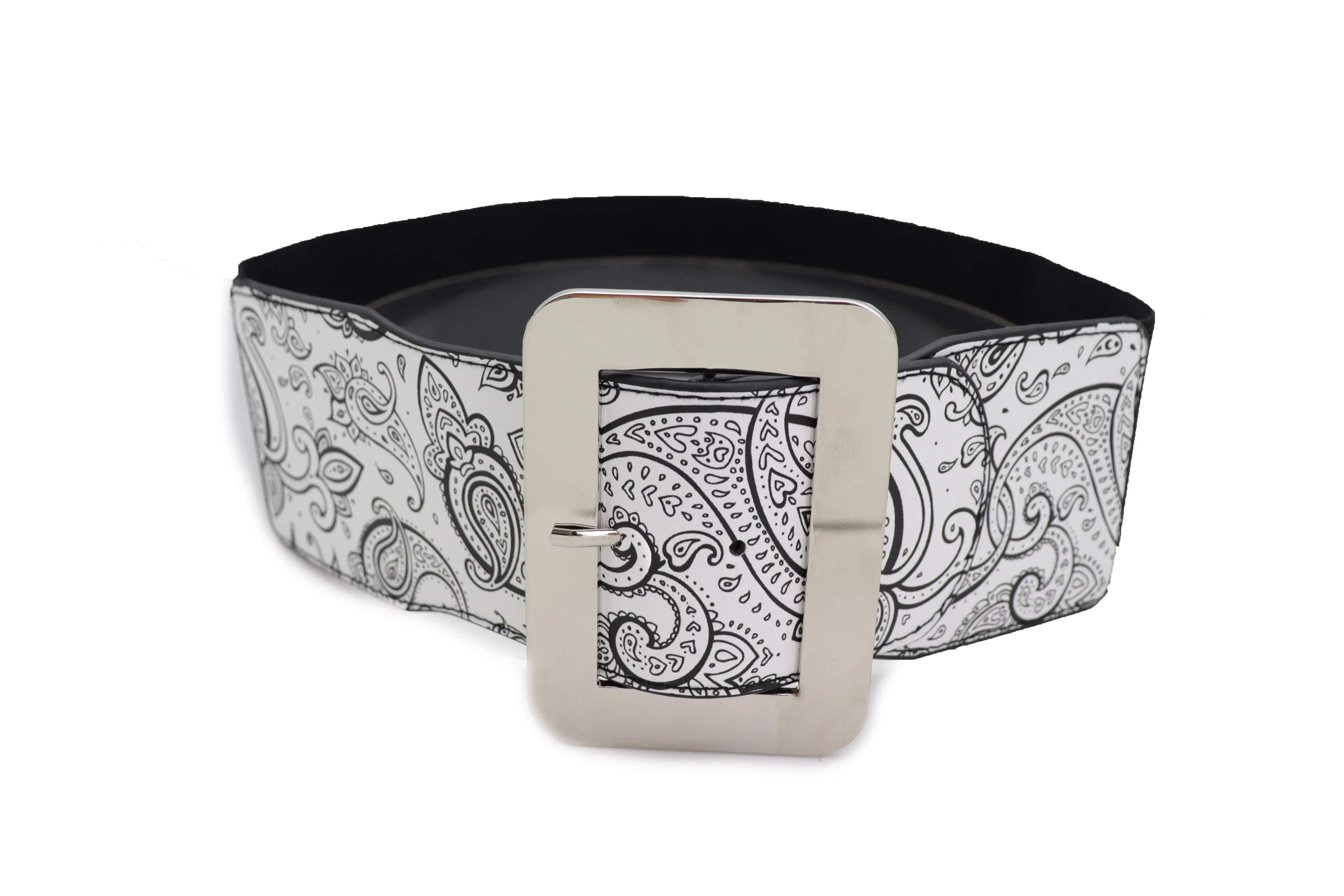 Wide White Elastic High Waist Hip Fashion Belt Black Paisley Print Fit S M