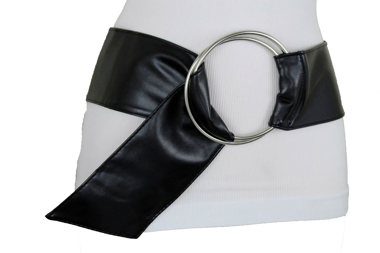 Women Black Fabric Fashion Belt Big Silver Metal Ring Charm Buckle Size S M L