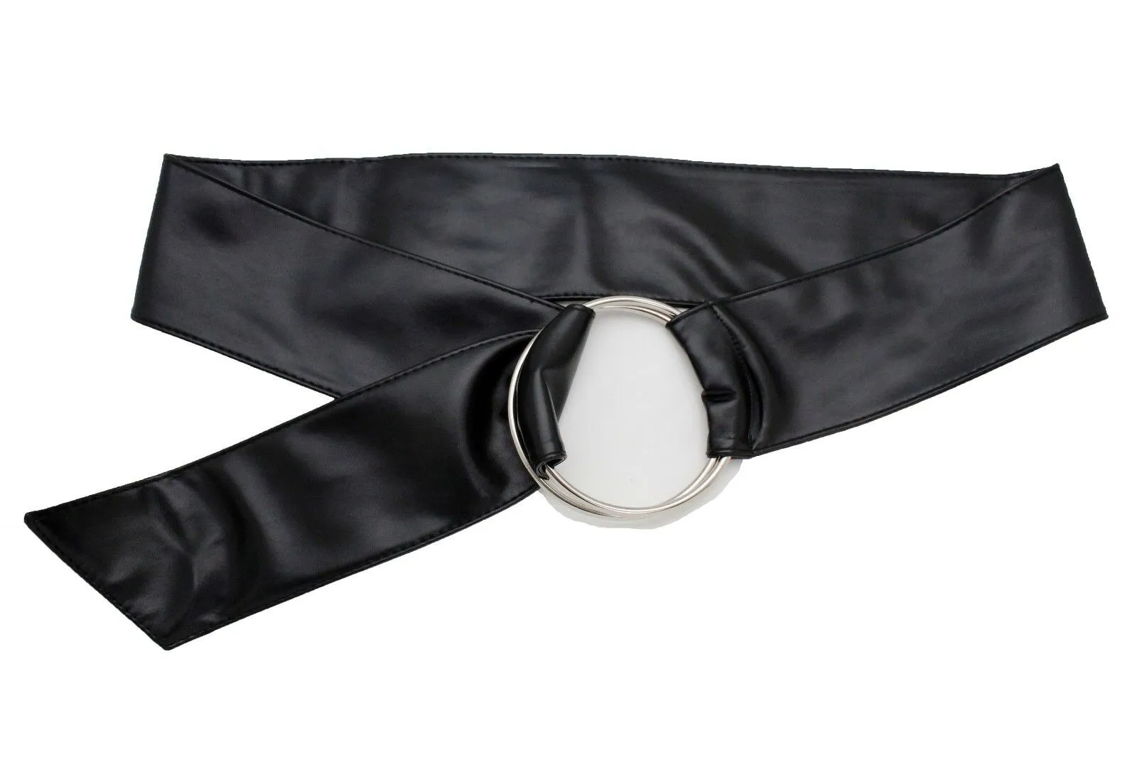 Women Black Fabric Fashion Belt Big Silver Metal Ring Charm Buckle Size S M L