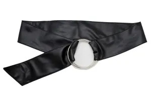 Women Black Fabric Fashion Belt Big Silver Metal Ring Charm Buckle Size S M L