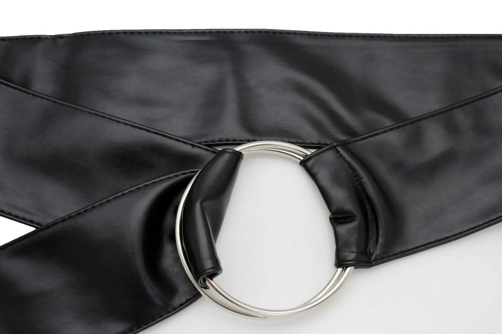 Women Black Fabric Fashion Belt Big Silver Metal Ring Charm Buckle Size S M L