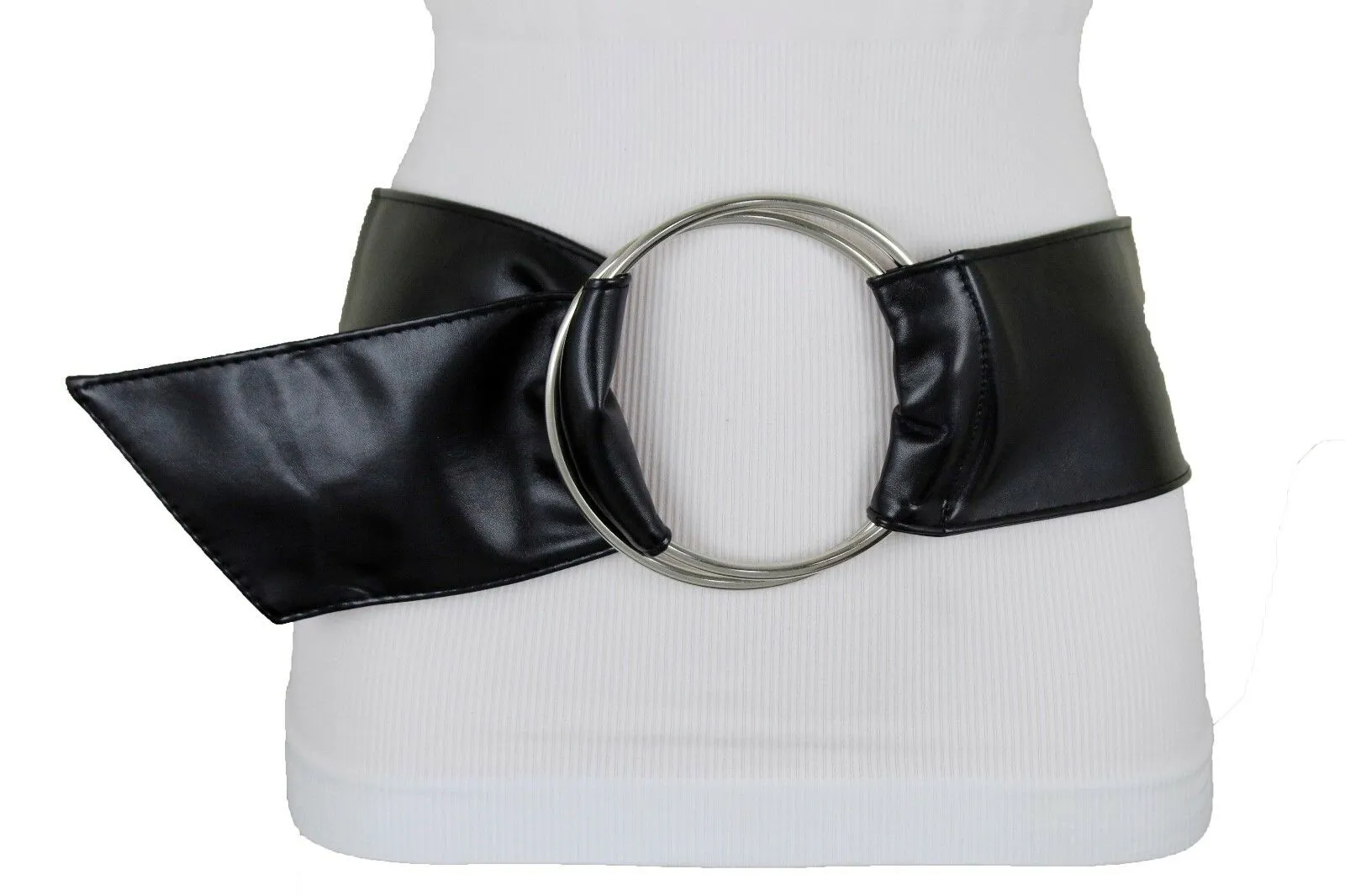 Women Black Fabric Fashion Belt Big Silver Metal Ring Charm Buckle Size S M L