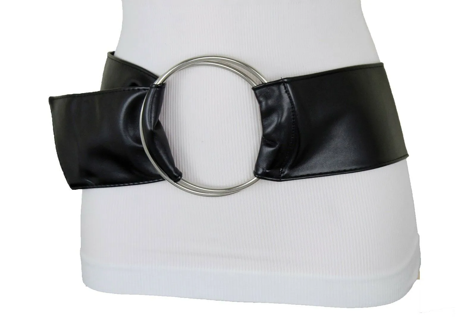 Women Black Fabric Fashion Belt Big Silver Metal Ring Charm Buckle Size S M L